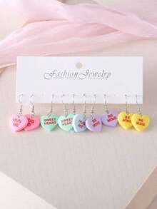 5 Pairs Vintage Valentine's Day Candy Color Heart "Hug Me Be Mine Sweet Heart" Earrings Set, Women Resin Macaron Color Simple Earrings, Valentine's Day Gift - 豐富多彩的 - 查看 6