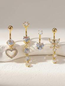 Bộ 4 chiếc nhẫn rốn bằng đồng mạ vàng đính đá CZ, có mặt dây chuyền hình trái tim, bướm và giọt nước mắt, phù hợp cho phụ nữ, hoàn hảo cho ngày lễ tình nhân, lễ tạ ơn, giáng sinh, sinh nhật, tiệc tùng, quán bar, tiệc tùng và trang phục hàng ngày cho ngày lễ tình nhân - Vàng - Xem 5