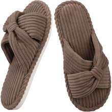 Ss For Women Open Toe Memory Foam S Non-Slip House Ss For Woman Corduroy Bow S Comfortable Soft Bedroom Hospital Spa Slides,38023527 - 棕色 - 查看 1