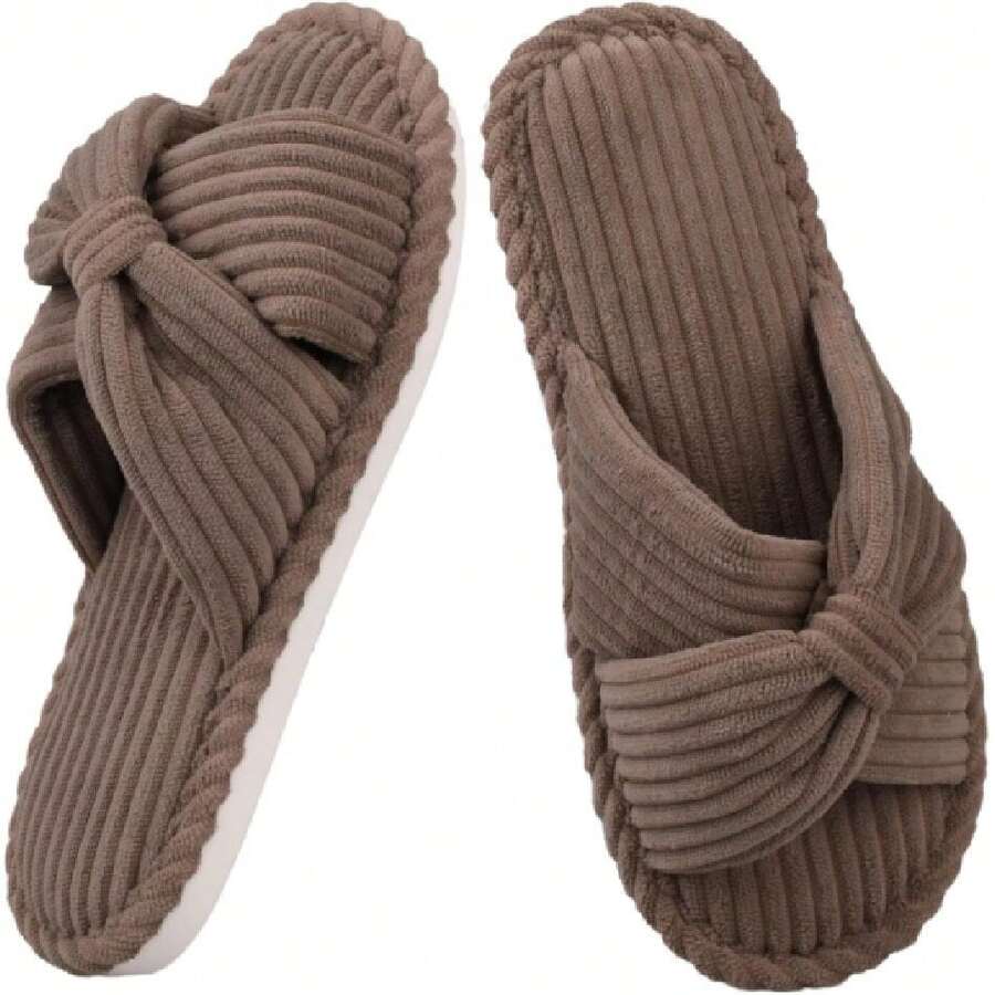 Ss For Women Open Toe Memory Foam S Non-Slip House Ss For Woman Corduroy Bow S Comfortable Soft Bedroom Hospital Spa Slides,38023527 - 棕色 - 查看 1