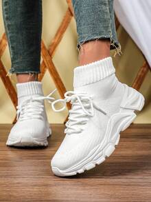 男女通用透气网眼袜套式运动鞋 - 纯色无图案 - 高帮软底设计,适合马拉松、短跑和日常休闲穿着 - 四季皆宜的运动鞋 - 柔韧的EVA外底 - 女士休闲鞋 - 白色 - 查看 2