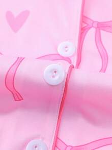 2pcs/Set Girls' Butterfly & Heart Print Pajama Set, Includes Cardigan Collar Short Sleeve Top And Elastic Waist Shorts, Casual And Comfortable Loungewear, Suitable For Daily Wear And Sleepwear, Machine Washable - Pink - View 7