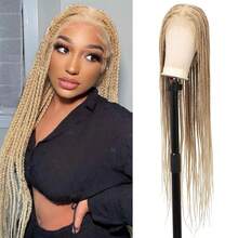 36" 360° HD Full Lace Braided Wigs For Women Box Braid Wig With  Hair Handamde Synthetic Hair Triangle Knotless Braided Wigs Natural Braid Lace Front Wig Blonde,38058815 - 粉棕色 - 查看 1