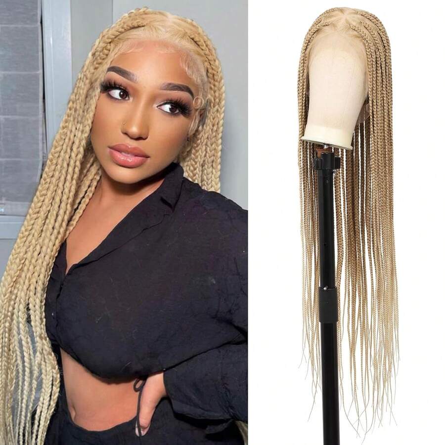 36" 360° HD Full Lace Braided Wigs For Women Box Braid Wig With  Hair Handamde Synthetic Hair Triangle Knotless Braided Wigs Natural Braid Lace Front Wig Blonde,38058815 - 粉棕色 - 查看 1