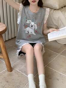 Bộ đồ ngủ nữ 2 món, áo in hình cún con dễ thương và chữ tiếng Anh, quần short in hình cún con khắp nơi, thích hợp cho mặc thường ngày mùa xuân/hè. - Màu Xám nhạt - Xem 8