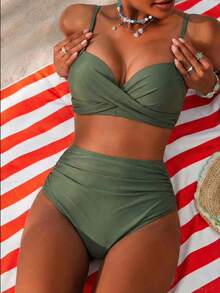 Twist Front Push Up High Waisted Bikini Summer - Army Green - View 3