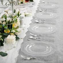 150PCS Clear Silver Plastic Plates & Disposable Silver Plastic Silverware With Glitter Bamboo Handle Cutlery-Baroque Clear Disposable Plates For Wedding & Easter Day & Mother's Day-TrugenixYSN1B - 銀色 - 查看 7