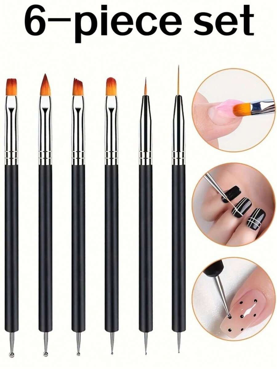 6pcs Double-Ended Nail Art Pens & Dotting Tools Set, 6pcs Acrylic Black Nail Art Design Tool Kit Including Nail Art Pens, French Liner, Detailing Brush, Dotting Pen, Gel Polish Extension Brush, Suitable For Nail Salon And DIY Home Manicure - Black - View 1