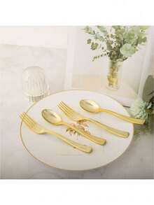 100/50/25/10pcs Gold Reusable Plastic Cutlery Set, Including Cake/Salad Forks, Spoons, Suitable For Home Kitchen, Kitchen Accessories, Dinnerware Set, Restaurants, Weddings, Outdoor, Birthdays, Parties, Holidays, Back To School Events - Gold - View 6