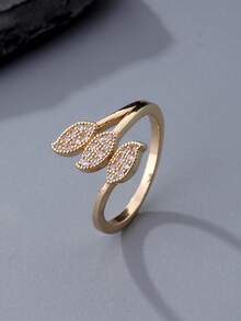 1pc Elegant Cubic Zirconia Leaf Shaped Adjustable Open Ring, Versatile Women's Accessory, Suitable For Engagement, Wedding, New Year/Valentine's Day/Wedding Gift/Music Festival - Leaf Ring - View 6