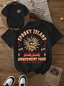 Ghost Island Resort Skull And Flame Pattern T-Shirt - Men's And Women's Casual Short Sleeve Round Neck T-Shirt, Soft Cotton Blend, Breathable And Comfortable, Loose Fit, Black Gothic Streetwear Top - Perfect For Halloween Parties, Theme Park Visits, Gothic And Hip-Hop Style, Summer Casual Wear, Or As A Unique Gift - 黑色 - 查看 7