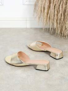 Women's Fashion Metal Material Strap Open Toe Low Heel Slides, Comfortable Versatile Non-Slip Chunky Heel Sandals - Gold - View 5