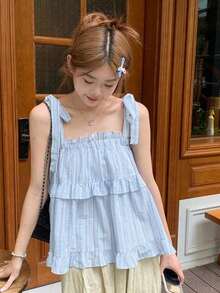 Áo hai dây buộc eo kẻ sọc dễ thương cho nữ, kiểu dáng ngắn với viền bèo nhún, thích hợp mặc thường ngày mùa hè (Họa tiết kẻ sọc ngẫu nhiên) - Màu xanh lam - Xem 1