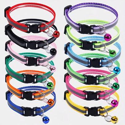 10pcs Random Reflective Detachable Cat Collar With Bell, Suitable For Small Cats And Dogs