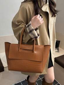 Bolso de mano de mujer de moda nuevo, de unicolor, con estampado de cocodrilo en PU, de alta gama, de gran capacidad, con doble asa superior, adecuado para uso diario, trabajo, viajes, compras, bolso tote multifuncional para damas - Marrón - Ver 6