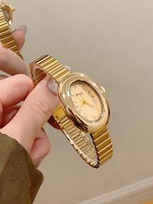 1pc Women's Oval Silver-Black Dial Gold-Tone Quartz Casual Watch, Suitable For Daily Wear - Gold - View 1