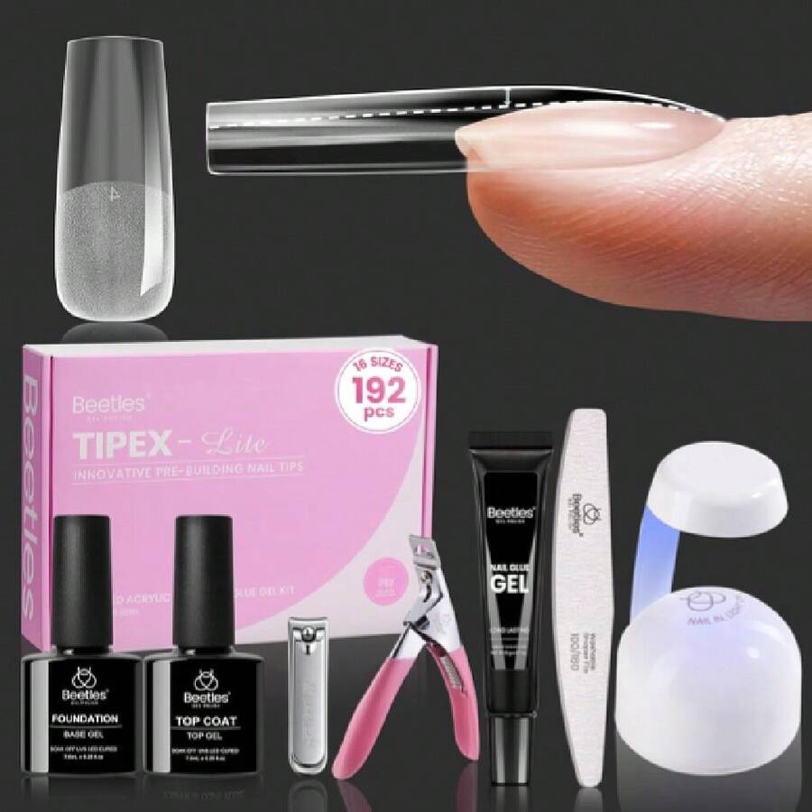 Beetles Tipex Lite Apex Nail Tips Kit,Square Long,192pcs 16 Sizes,Nail Supplies Nail Stuff Nail Stuff Nail Tech Supplies With UV Nail Glue, Base & Top Coat, Mini Nail , Nail C & Cuticle Nipper,Pre-Building Pre-Etched Acrylic Tips Kit,37984271 - 墨綠色 - 查看 1