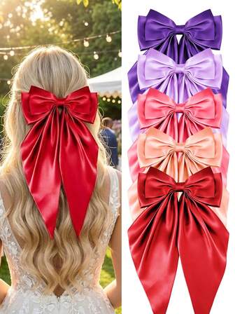 1/5 st. Alla hjärtans dag-rosett, röda hårrosetter, klämmor för kvinnor, rosetthårspännen för flickor, band, rosetthårspännen, satinhårrosetter, långa spännen på rosetter, håraccessoarer för fest, julhårrosetter, klämmor för alla hjärtans dag, nyårsaccessoarer för kvinnor, tacksägelsedagen, rosa rosettdekoration