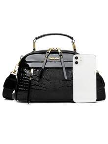 Women's Solid Color PU Adjustable Shoulder Strap Shoulder Diagonal Crossbody Bag, Crocodile Embossed Fashion Large Capacity Handbag - Black - View 2