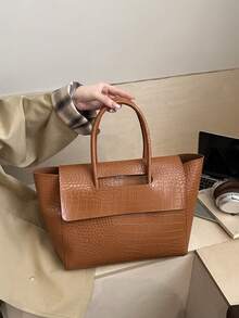 Bolso de mano de mujer de moda nuevo, de unicolor, con estampado de cocodrilo en PU, de alta gama, de gran capacidad, con doble asa superior, adecuado para uso diario, trabajo, viajes, compras, bolso tote multifuncional para damas - Marrón - Ver 5