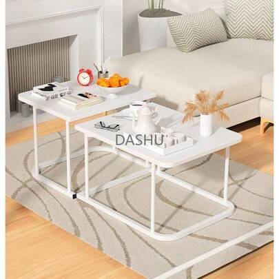Decoración Moderna, Juego de 2 Mesa de Centro para Sala de Madera, Acero Inoxidable, Fácil Montaje, Diseño Cuadrado Anidado para Sala (Blanco)