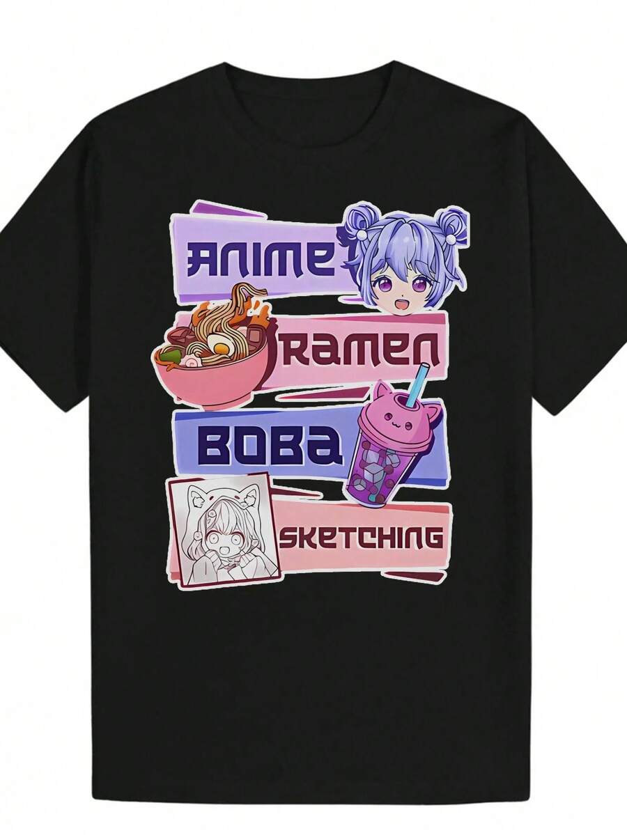 Camiseta de cuello redondo ANIME con bandera morada para hombres - Negro - Ver 1