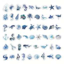 100张蓝色海洋贝壳及海洋生物贴纸套装，包含水彩风格的海星、珊瑚和鲸鱼图案，适用于笔记本电脑、水瓶、笔记本、剪贴簿等，采用PVC材质，防水耐用，可粘贴于手机壳、杯子、电脑、书籍、汽车和保险杠等处，新年快乐贴纸。 - 彩色 - 查看 2