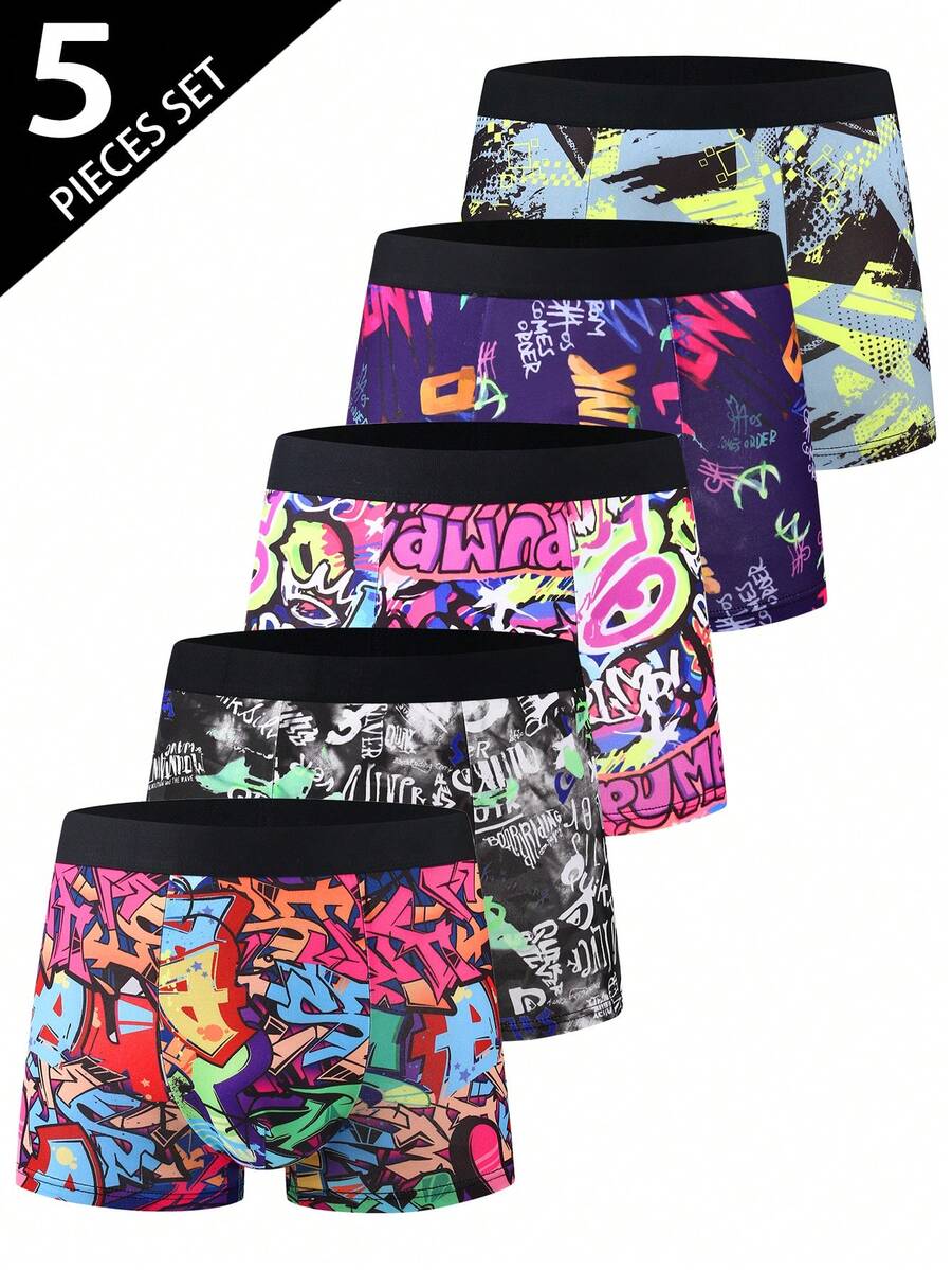 5pcs/Pack Men's Comfortable Fashionable Versatile Mid-Rise Boxer Briefs, Stylish Printed Daily Underwear - Multicolor - View 1