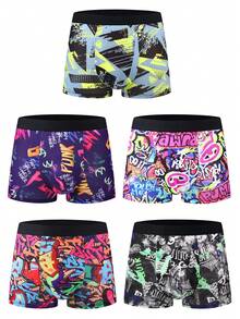 5pcs/Pack Men's Comfortable Fashionable Versatile Mid-Rise Boxer Briefs, Stylish Printed Daily Underwear - Multicolor - View 7