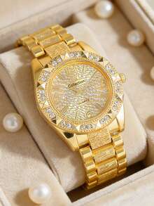 2pcs Women's Fashion Casual Quartz Watch, Round Luxury Full Diamond Watch, Paired With Rhinestone Bracelet Jewelry Set, Suitable For Daily Wear, Festivals And Parties, Best Gift For Women - Silver - View 12