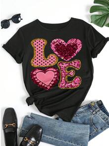Valentinstag Damen Weiß Kurzarm T-Shirt mit LOVE Buchstaben & Herz Muster Pailletten Polka Dot Dekor Lässiges Rundhals Oberteil - Schwarz - Übersicht 5