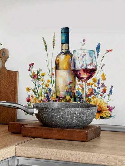1pc Red Wine & Wine Glass Floral Wall Decal Sticker, Kitchen Decor Wine Sticker, Peel And Stick Mural For Dining Room, Living Room, Bar