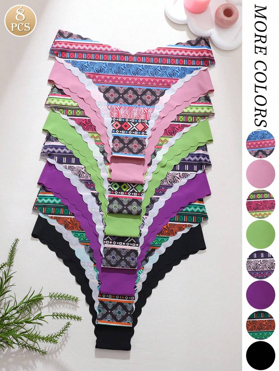 8pcs/Set Women's Seamless Leopard Print & Solid Color Wavy Trim Comfortable Smooth Fabric Triangle Panties