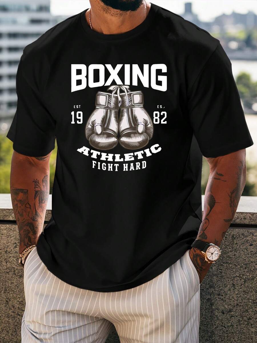 [Sporty T-Shirt]Men'S Black Boxing Graphic T-Shirt - "Boxing Athletic Fight Hard" Design, Casual Sportswear With Breathable Fabric, Perfect For Summer Outdoor, Workout, Or Street Style, Outdoor Sportswear |   Boxing Themed Shirt |   Comfortable Fit, Boxing Accessories |   Relaxed Fit |   Plus Size - 黑色 - 查看 1