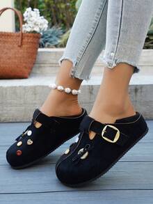 2026 New Women Cartoon Button Slip-On Casual Flat Soft Bottom Loafers - Black - View 2