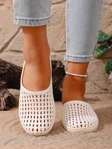 Women's Slip-On Mule Sandals, Hollow Woven Breathable Fashion Versatile Flat Fishnet Slides - White - View 5