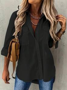 Women's Long Sleeve Button Down Shirt, Solid Color Classic Blouse, Lapel Collar Shirt With Chest Pocket, Spring Fall Tops For Women, Elegant Office Wear, Casual Chic Shirt For Pants & Skirts - màu đen - Xem 9