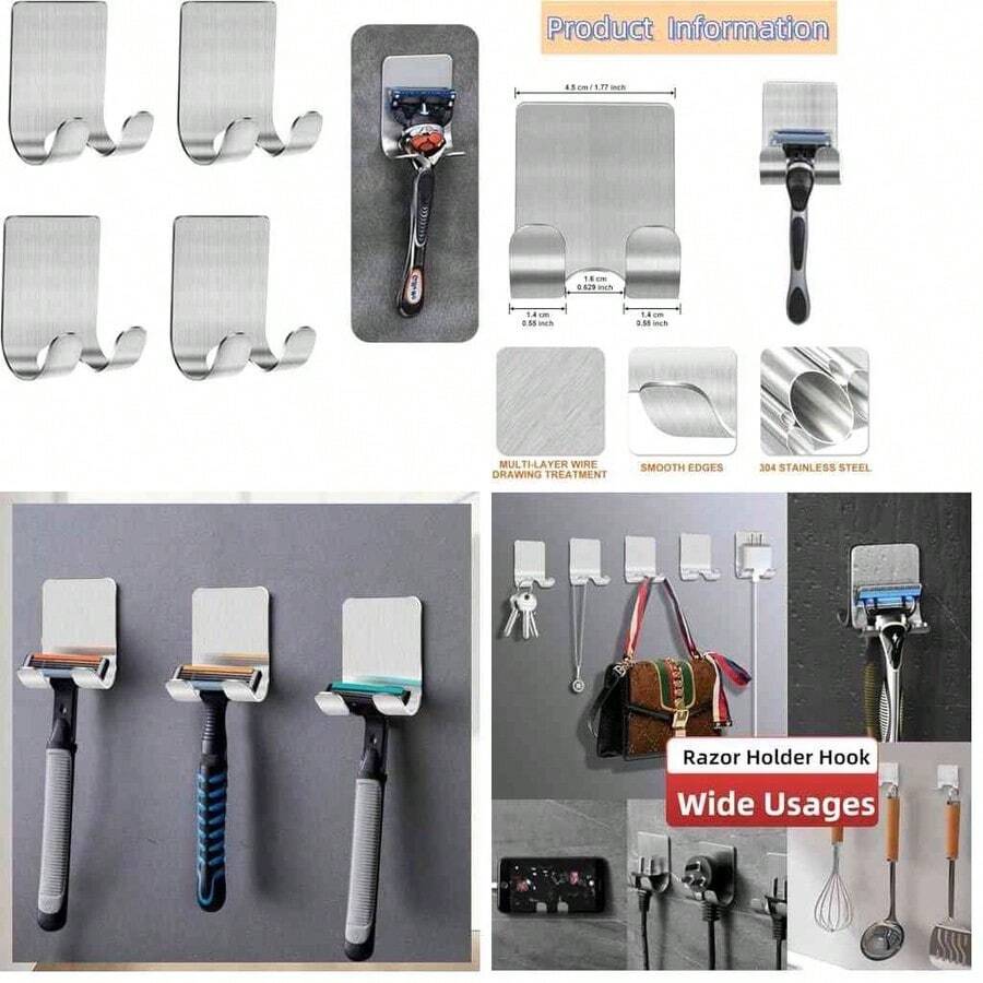 Leoon 4 Piezas Ganchos Adhesivos para Pared, Ganchos de Bao sin Taladro, Porta Rastrillos para Ducha, Acero Inoxidable 304, Resistente al Agua, Soporta 5kg, Para Toallas, Ropa, Llaves, Cocina - plateado - Ver 1