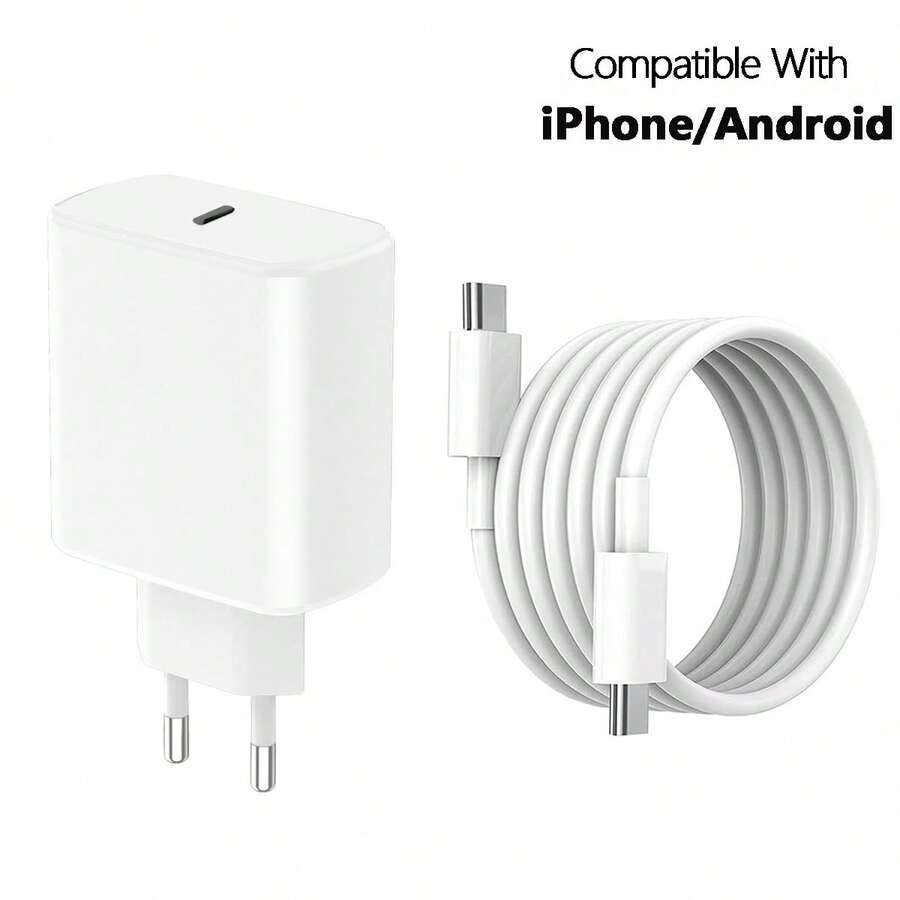 快速充电欧规C/E/F插头220-240V墙式充电器30W USB-C快速充电适配器充电器模块，配备200厘米USB-C转Type-C充电线，60W充电套装，兼容 17/16/15 Pro Max Plus，情人节礼物 - 查看 1