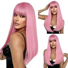 Pink Wigs With Bangs For Women Long Straight Pink Wig 22 Inch Colorful Synthetic Wig Natural Looking Hair Wigs For Daily Party Cosplay Use,38045214 - 粉色 - 查看 1