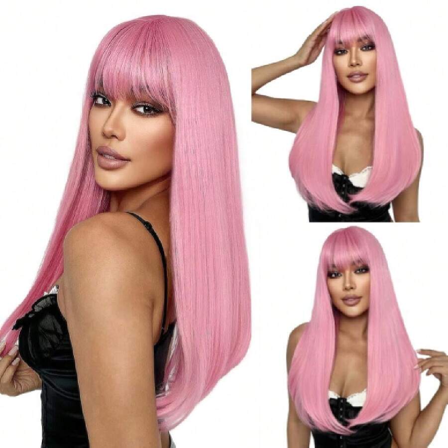 Pink Wigs With Bangs For Women Long Straight Pink Wig 22 Inch Colorful Synthetic Wig Natural Looking Hair Wigs For Daily Party Cosplay Use,38045214 - 粉色 - 查看 1