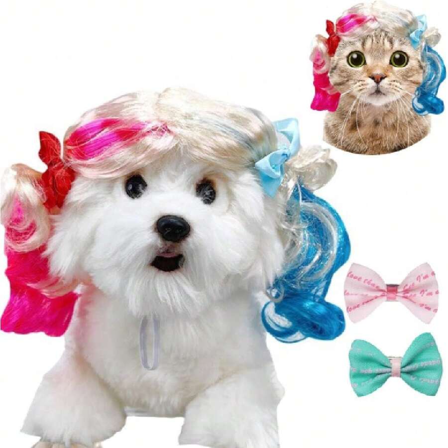 Funny Dog Wig Pet Costumes, Cat Costume Synthetic Hairpiece Cosplay Wigswigs Cosplay Wigs For Women Wig Install Kit , Headwear For Halloween Christmas Festivals Party Dr, Fancy Dress,Adjustbale Size,20CM Half Pink Half Blue,38049406 - 粉色 - 查看 1