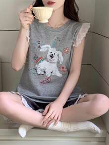 Bộ đồ ngủ nữ 2 món, áo in hình cún con dễ thương và chữ tiếng Anh, quần short in hình cún con khắp nơi, thích hợp cho mặc thường ngày mùa xuân/hè. - Màu Xám nhạt - Xem 11