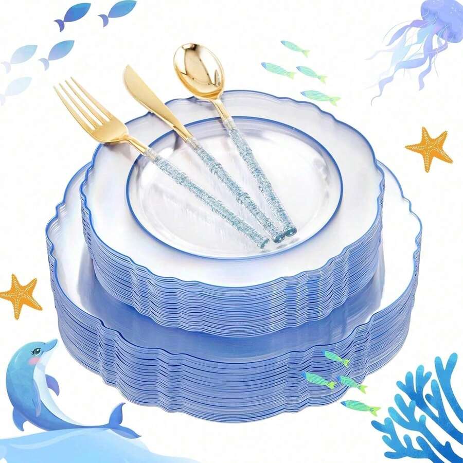 150PCS Clear Silver Plastic Plates & Disposable Silver Plastic Silverware With Glitter Bamboo Handle Cutlery-Baroque Clear Disposable Plates For Wedding & Easter Day & Mother's Day-TrugenixYSN1B - 藍色 - 查看 1