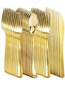 100/50/25/10pcs Gold Reusable Plastic Cutlery Set, Including Cake/Salad Forks, Spoons, Suitable For Home Kitchen, Kitchen Accessories, Dinnerware Set, Restaurants, Weddings, Outdoor, Birthdays, Parties, Holidays, Back To School Events - Gold - View 1