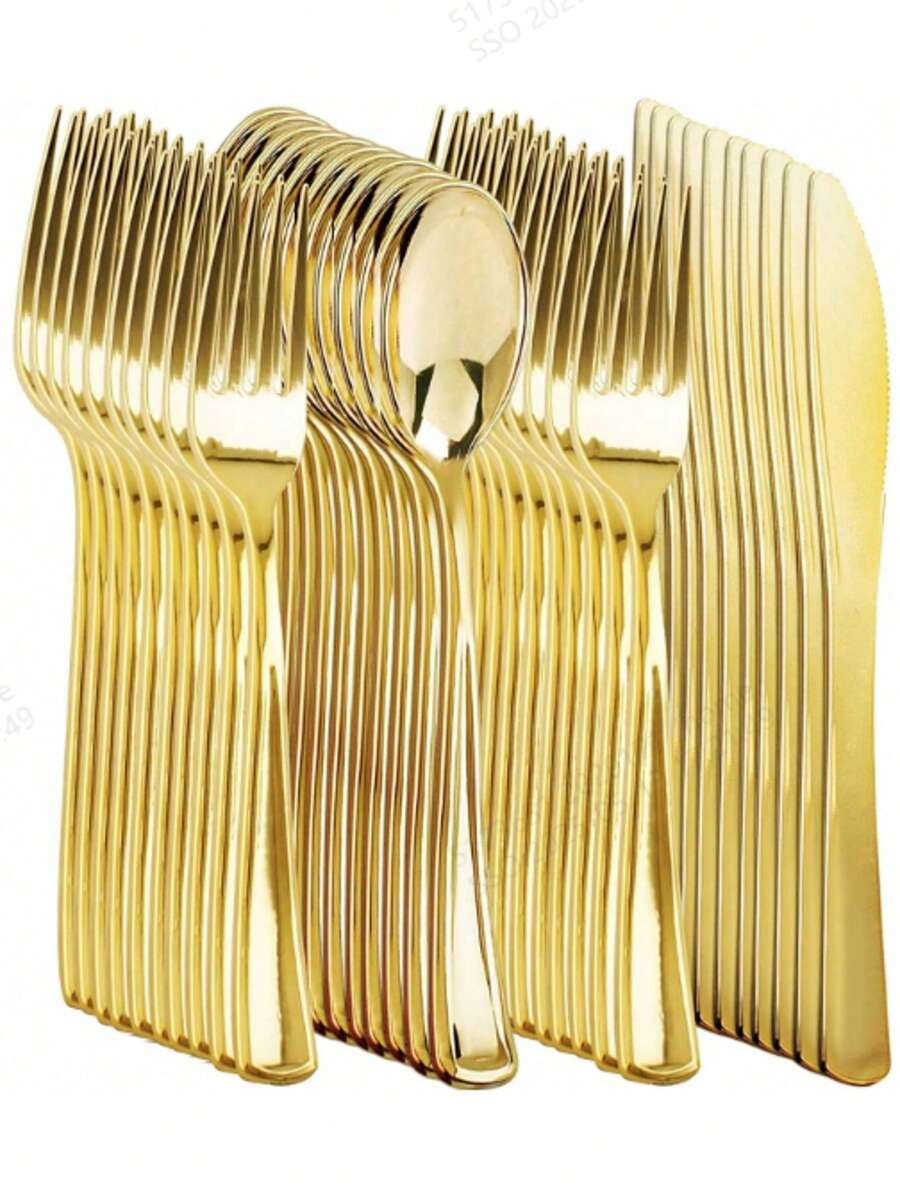 100/50/25/10pcs Gold Reusable Plastic Cutlery Set, Including Cake/Salad Forks, Spoons, Suitable For Home Kitchen, Kitchen Accessories, Dinnerware Set, Restaurants, Weddings, Outdoor, Birthdays, Parties, Holidays, Back To School Events - Gold - View 1