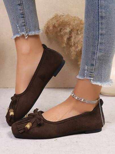 Soft Bowknot Fringe Flat Shoes For Women