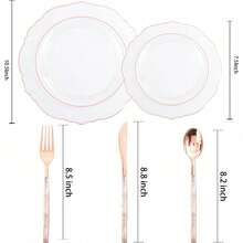 150PCS Clear Silver Plastic Plates & Disposable Silver Plastic Silverware With Glitter Bamboo Handle Cutlery-Baroque Clear Disposable Plates For Wedding & Easter Day & Mother's Day-TrugenixYSN1B - 玫瑰金 - 查看 2