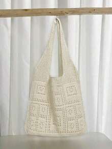 Minimalist Crochet Hollow Design Bag, Travel/Study Bag, Large Capacity, Portable, Suitable Teenage Girls, Women, College Students, Office Ladies, Work, Back To School, Middle School, High School,, Vacation And Various Occasions , Crochet R3U8 - Beige - 查看 5