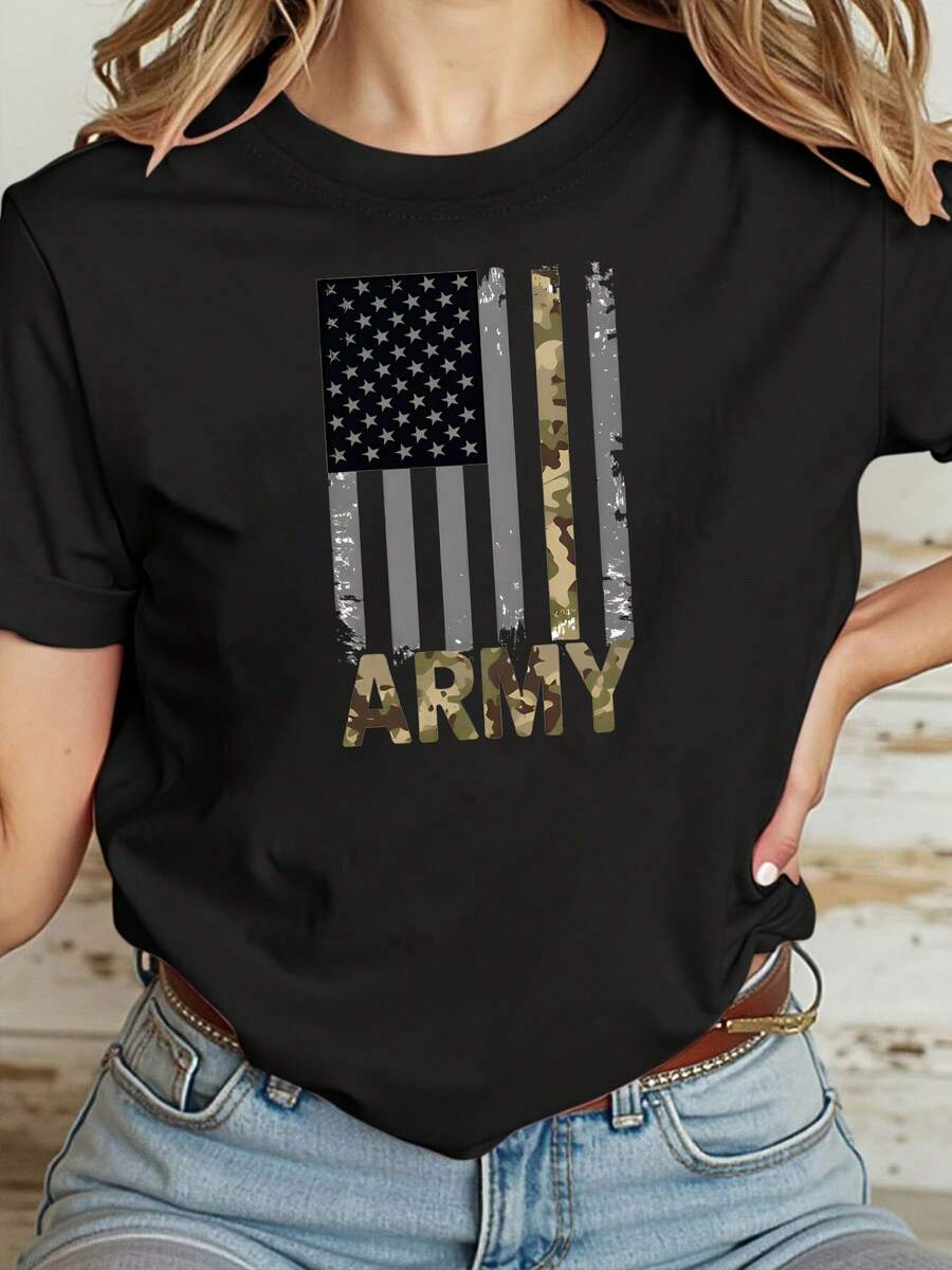 Camiseta de hombre con camuflaje militar y bandera estadounidense, camiseta patriótica orgullosa - Negro - Ver 1